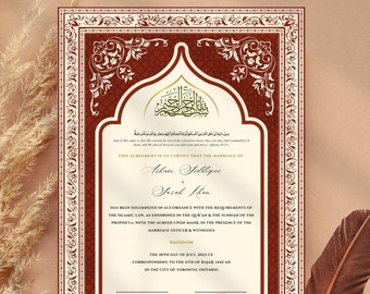 May include: A red and white Islamic marriage certificate with ornate borders and Arabic calligraphy. The text reads "This agreement is to certify that the marriage of Arham Siddique & Sarah Khan has been solemnized in accordance with the requirements of the Islamic law, as enshrined in the Quran & the Sunnah of the Prophet..."
