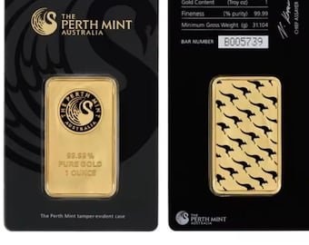 Vergulde staaf Perth Mint – 20 g Bullion Australia | 1 oz-ontwerp | Displaystuk voor verzamelaars