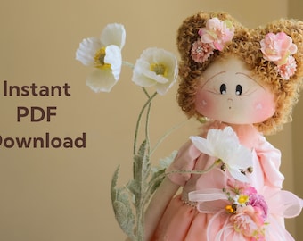 Rag doll tutorial with PDF pattern, PDF instructions and material list. Complete creation guide: body, hair, clothes, and facial expressions