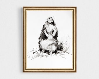Contemporary Beaver Watercolor Portrait Artwork by Ines H. Chinese Sumi Ink Wash, Print.