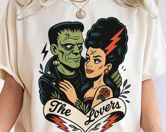 Frankenstein and Frankenstein's Bride, The Lovers Tarot Cards, Tattoo Style Shirt, Vintage Horror Couple Tee