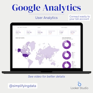 以下が含まれることがあります： Google Analyticsのダッシュボードを表示するラップトップの画面。ユーザー分析データが表示され、総ユーザー数、セッション数、エンゲージメント率などの指標、世界地図、ユーザーの内訳グラフが含まれています。「GAアカウントに簡単に接続」というテキストも表示されています。