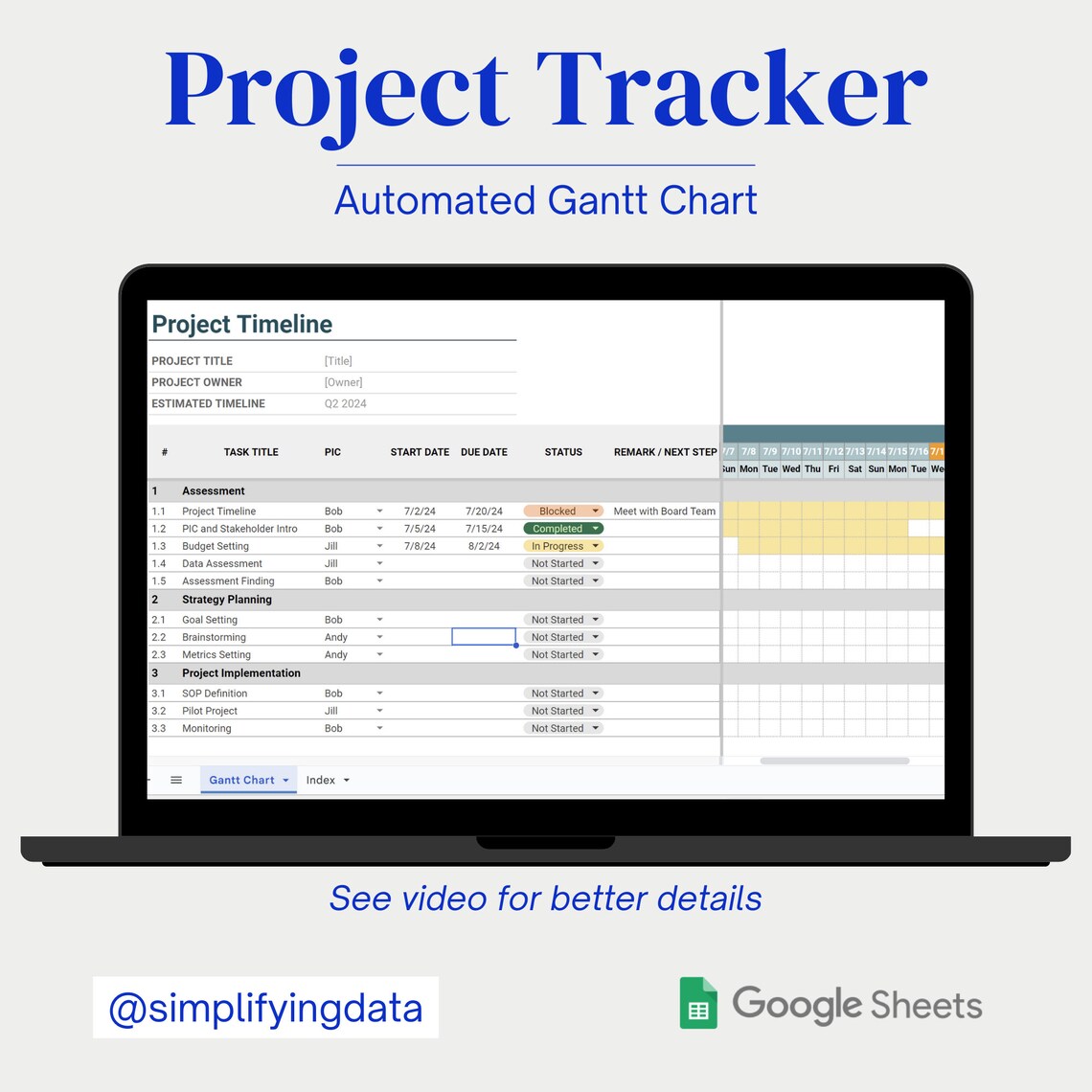 Automated Gantt Chart Project Tracker Google Sheet Simple Project ...