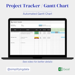 Puede incluir: Una captura de pantalla de una pantalla de computadora portátil que muestra una hoja de cálculo de seguimiento de proyectos con un diagrama de Gantt. La hoja de cálculo se titula "Project Tracker / Gantt Chart" e incluye columnas para el proyecto, las actividades, la fecha de inicio, la fecha de finalización y el estado. El diagrama de Gantt es una representación visual de la línea de tiempo del proyecto, con barras que indican la duración de cada actividad.