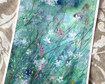 Acuarelas originales de flores silvestres en tonos rosas, azules y verdes: arte floral para pared, decoración relajante para la pared, idea de regalo para mujeres.