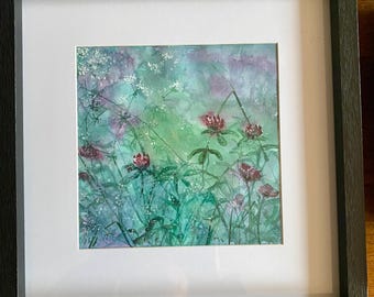 Acuarela original de flores silvestres sobre fondo azul verdoso – arte floral para pared – decoración relajante para la pared – idea de regalo para mujeres