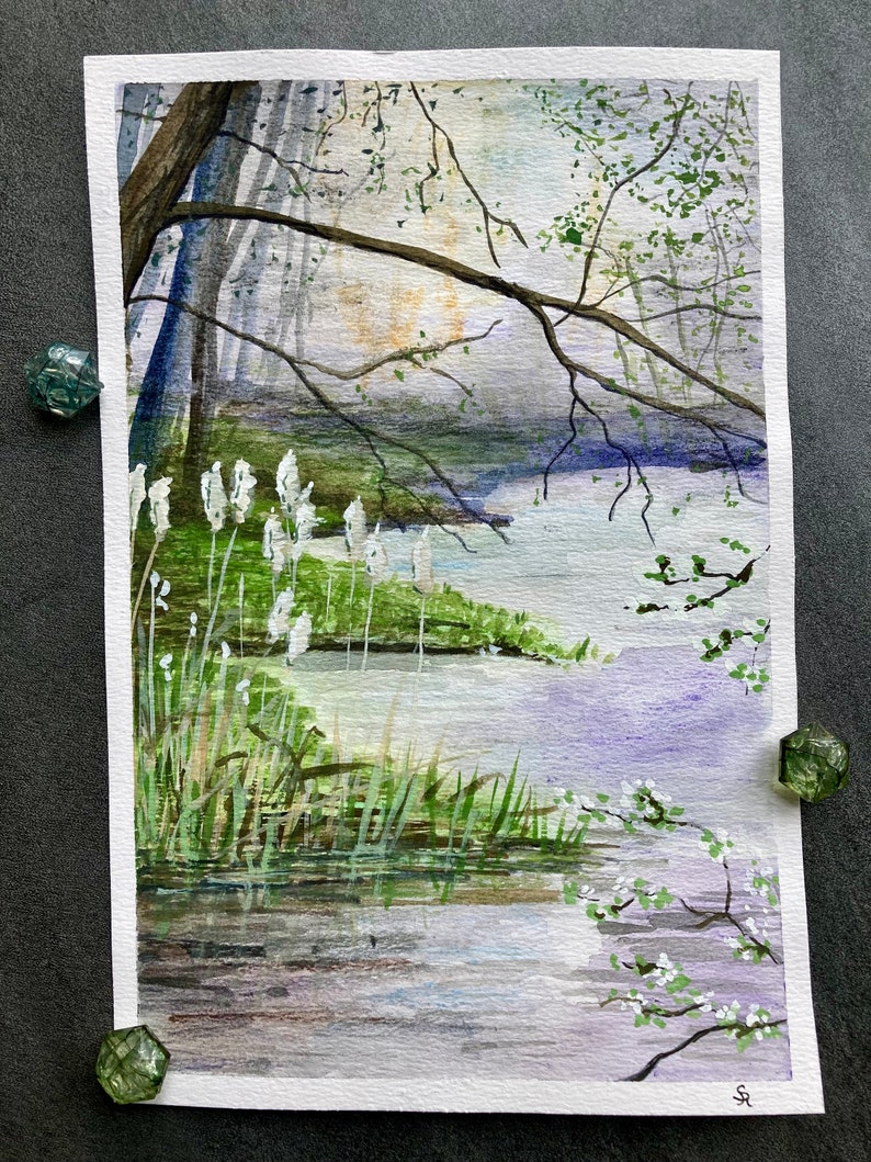 Peinture originale d'un étang bordé de roseaux et darbres en fleurs aquarelle et gouache image 1