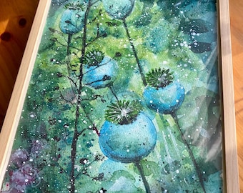 Acuarela original de flores verdes y azules (amapolas) - arte floral para pared - decoración relajante para la pared - idea de regalo para mujeres