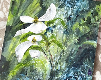 Acuarela original de flores blancas sobre fondo verde: arte floral para pared, decoración relajante para la pared, idea de regalo para mujeres.