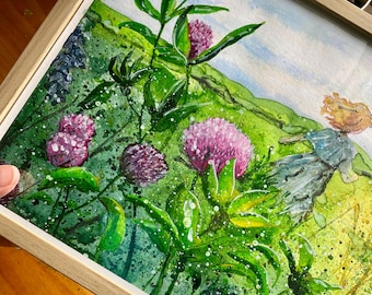 Acuarela original de un niño en un campo de flores – arte floral para pared – decoración relajante para la pared – idea de regalo para mujeres