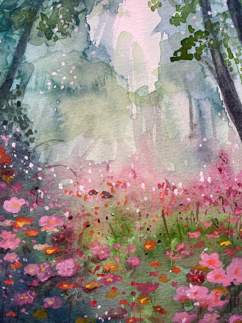 Aquarelle originale de sous-bois fleuri rehaussée à la gouache. Idéal pour un cadeau de fête des mères. image 2