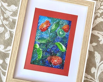 Acuarela original de flores rojas sobre fondo azul – arte floral para pared – decoración relajante para la pared – idea de regalo para mujeres
