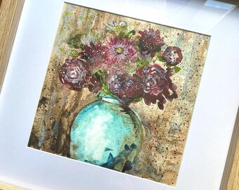 Acuarela original de flores moradas en un jarrón de porcelana – arte floral para pared – decoración relajante para la pared – idea de regalo para mujeres