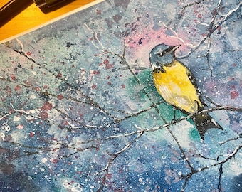 Acuarela original de pájaros y flores silvestres – arte mural de pájaros y flores – decoración de pared relajante – idea de regalo para mujeres