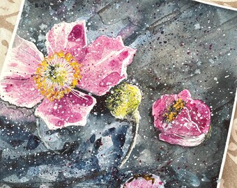 Acuarela original de flores rosas sobre un fondo azul medianoche – arte floral para pared – decoración relajante para la pared – idea de regalo para mujeres