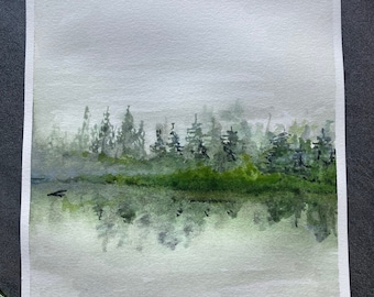 Aquarelle originale d'un lac sous la brume. Idéal pour un petit cadeau.