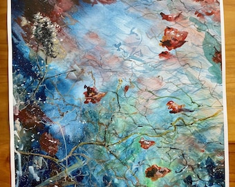 Acuarela original de hojas de otoño sobre fondo azul – arte mural natural – decoración de pared relajante – idea de regalo para mujeres