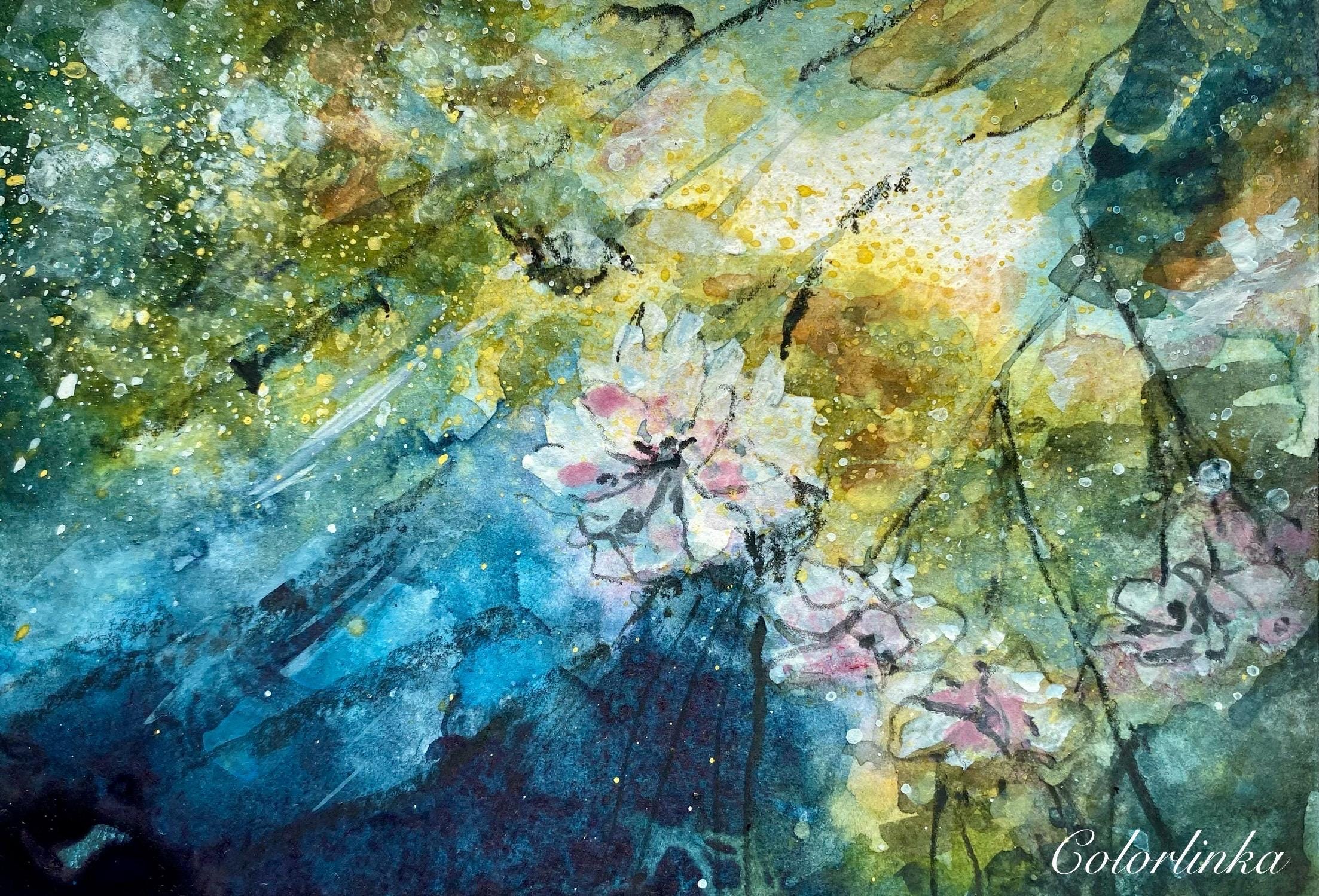 Original Watercolor of White and Pink Flowers Under a Stormy