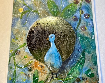 Acuarela original de pájaros y flores sobre fondo azul y dorado – cuadro de pájaros y flores – decoración relajante para la pared – idea de regalo para mujeres