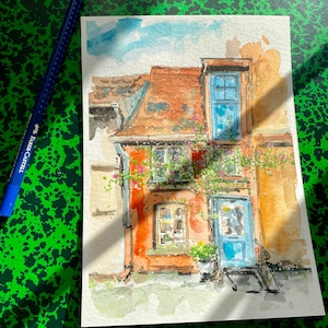 Acquerello originale di una casa tradizionale - toni arancioni e blu - SENZA CORNICE.