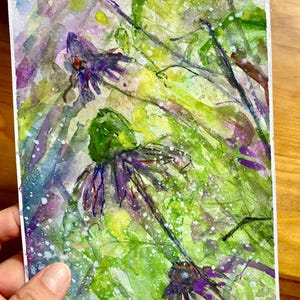 Original watercolor of large purple flowers on a green background - Echinacea - UNFRAME.