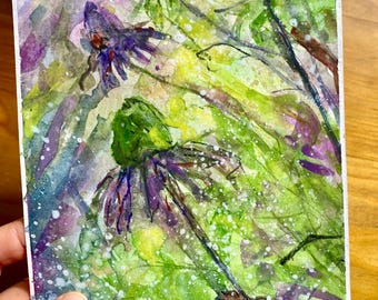 Acuarela original de grandes flores moradas sobre fondo verde – arte floral para pared – decoración relajante para la pared – idea de regalo para mujeres