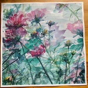 Acquerello originale di grandi fiori rosa su sfondo verde mare - SENZA CORNICE.