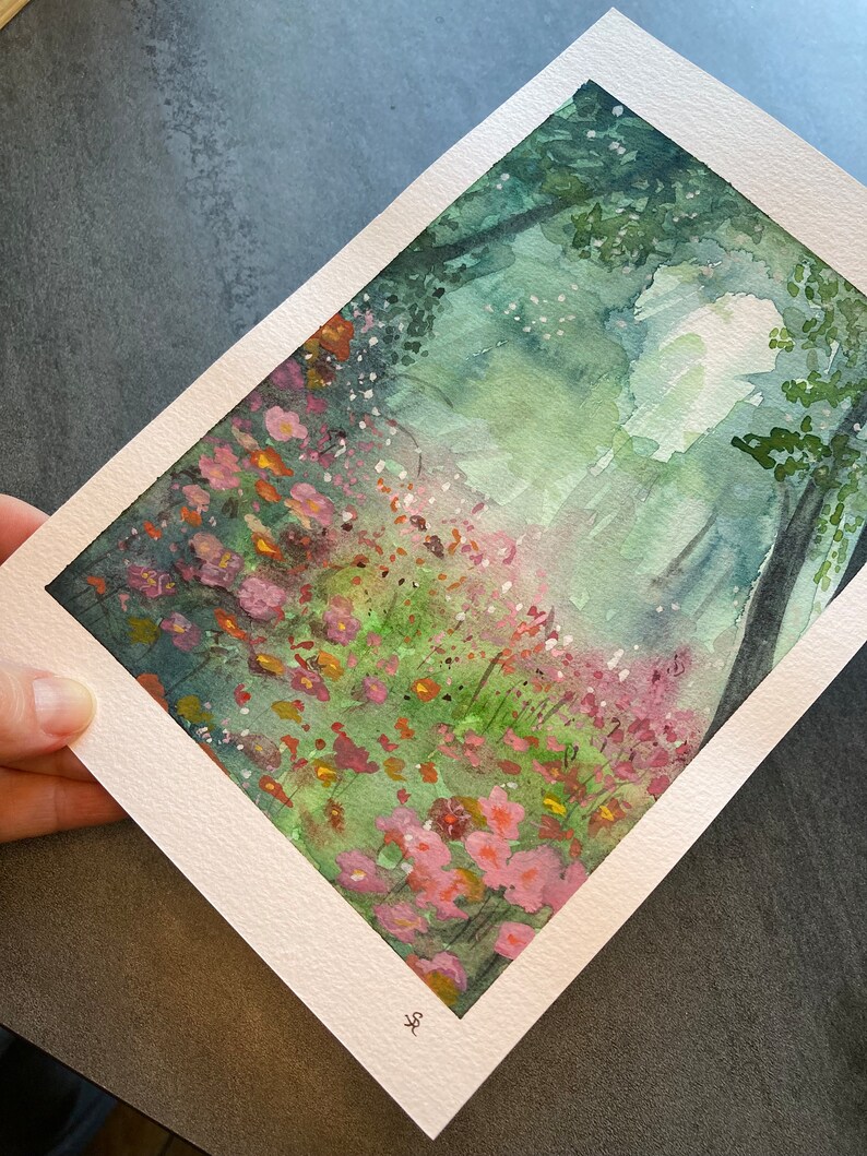 Aquarelle originale de sous-bois fleuri rehaussée à la gouache. Idéal pour un cadeau de fête des mères. image 5