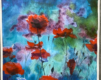 Aquarelle originale de coquelicots sur fond bleu. Idéal pour un petit cadeau de fête des mères ou de fête des pères.