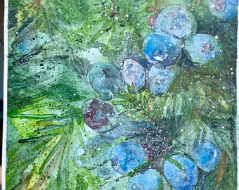 Acuarelas originales de flores silvestres en tonos azules, morados y verdes: arte floral para pared, decoración relajante para la pared, idea de regalo para mujeres.