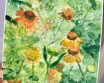 Acuarela original de flores doradas sobre fondo verde – arte floral para pared – decoración relajante para la pared – idea de regalo para mujeres