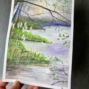 Peinture originale d'un étang bordé de roseaux et darbres en fleurs aquarelle et gouache image 4
