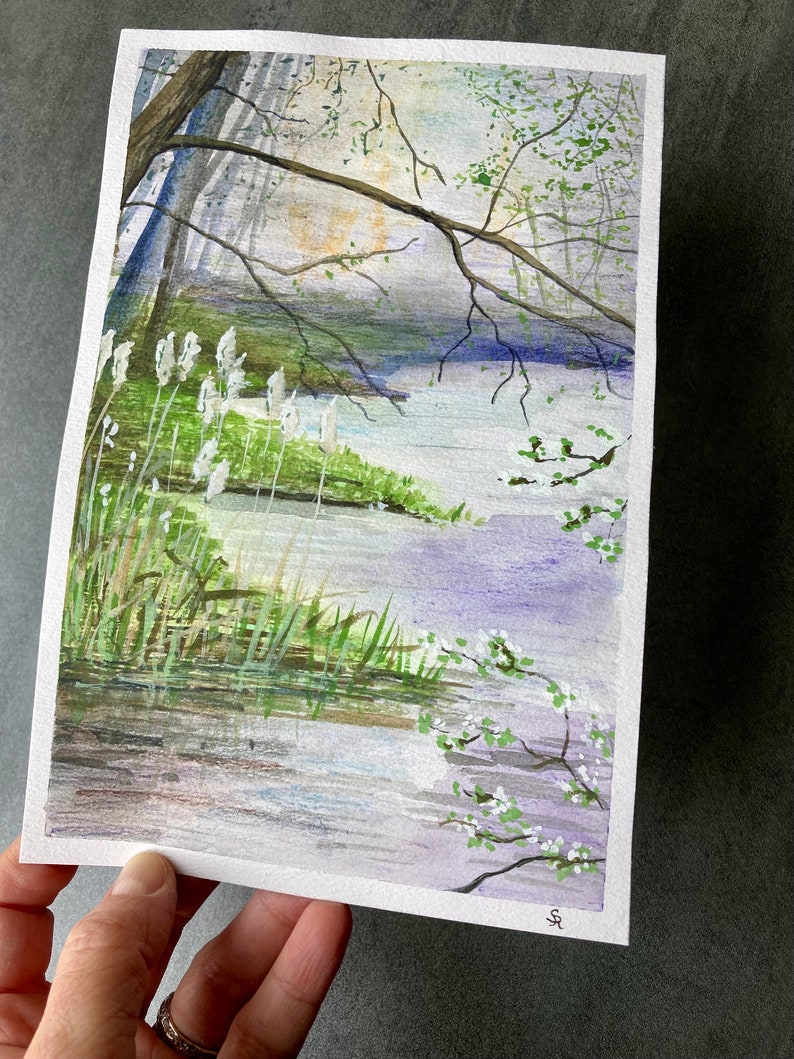 Peinture originale d'un étang bordé de roseaux et darbres en fleurs aquarelle et gouache image 4