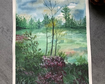 Peinture d'un étang bordé de bruyères au crépuscule. Aquarelle originale. Idéal pour un petit cadeau.