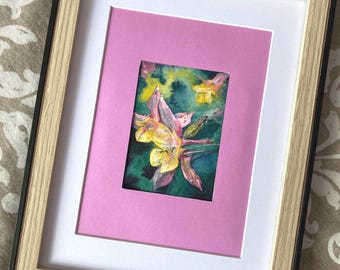 Acuarela original de flores rosas y amarillas sobre fondo verde – arte floral para pared – decoración relajante para la pared – idea de regalo para mujeres