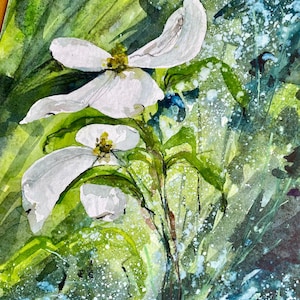 Original watercolor of white flowers and greenery - green tones and bright white - UNFRAME.