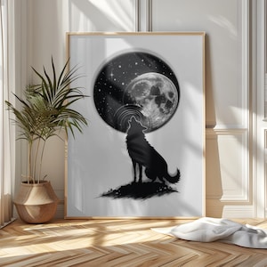 Arte de parede de lobo uivando para a lua – Céu noturno minimalista para impressão, download digital em preto e branco