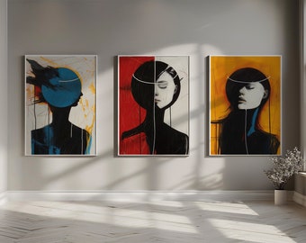 May include: Three framed abstract paintings with black and white figures with colorful backgrounds. The paintings are hung on a white wall.