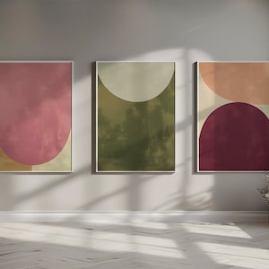 Set of 3,  Mauve, olive green and burgundy color palette, Abstract Art, Minimalist Wall Art,  Printable