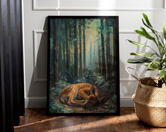 Cottagecore Wall Art, Sleeping Deer Digital Print, Nature Oil Painting Digital Print, Dark Moody Vintage Art, Forest Printable Download
