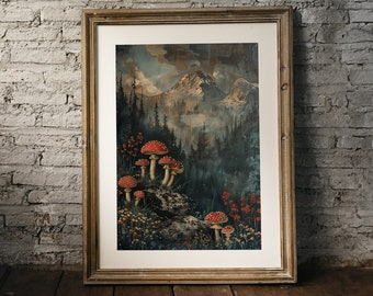 Dark Cottagecore Wall Art, Landscape Mushroom Digital Print, Nature Oil Painting Digital Print, Vintage Art, Forest Printable Download