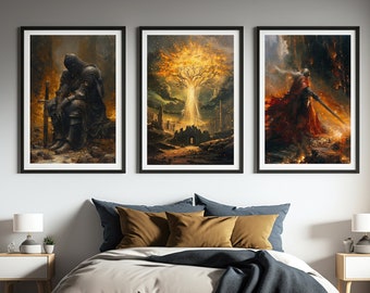 Elden Ring Painting Art Bundle, Soulslike Prints, Dark Fantasy Oil Painting Digital Print, Nerdy Gift Idea, Wall Art Set, Printable Download