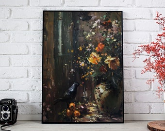 Floral Birds Wall Art, Cottagecore Painting Print, Flowers and Blackbird Print, Vintage Oil Painting Print, Home Decor, Printable Download