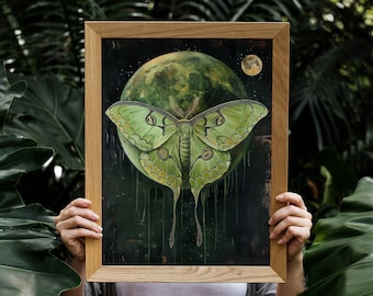 Art mural Luna Moth, papillon de nuit au clair de lune, impression de la nature fantastique, impression de peinture vintage, décoration d'intérieur sorcière, téléchargement imprimable