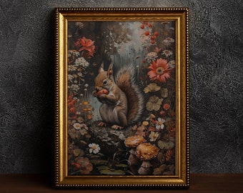 Cottagecore Wall Art, Cute Squirrel Digital Print, Nature Oil Painting Digital Print, Floral Vintage Art, Forest Printable Download