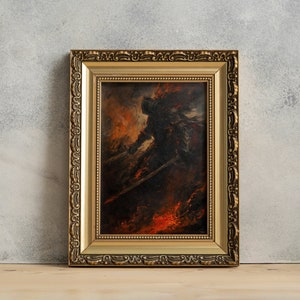 May include: A framed painting of a figure in a dark cloak standing in a fiery landscape. The figure is holding a sword and is surrounded by flames. The painting is in a gold frame.