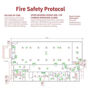 Peut inclure: Un plan d'étage d'un bâtiment avec un protocole de sécurité incendie. Le plan montre l'emplacement des extincteurs, des alarmes incendie et des sorties. Le texte de l'image indique "Protocole de sécurité incendie" et comprend des instructions sur ce qu'il faut faire en cas d'incendie.