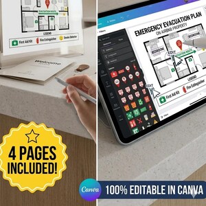 Könnte beinhalten: Eine Notfall-Evakuierungsplan-Vorlage für eine Airbnb-Unterkunft, dargestellt in einem klaren Acryl-Aufsteller und auf einem Tablet-Bildschirm. Das Dokument enthält einen Grundriss und eine Legende mit Symbolen für Erste-Hilfe-Set und Feuerlöscher.
