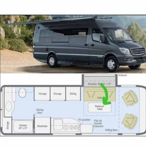 May include: A floor plan diagram of a camper van interior showing the layout of the furniture and appliances. The diagram shows a Murphy bed, a sofa, a pedestal table, a shower, a wardrobe, a refrigerator, storage compartments, and a sliding door. The text on the diagram reads "Murphy+ Bed 62" x 75", "Sofa", "Pedestal Table", "Shower 24" x 31", "Wardrobe", "Storage", "Storage", "Refrig", "Sliding Door", "TV Location", "Flip-Up Counter Extension", and "Sliding Door".