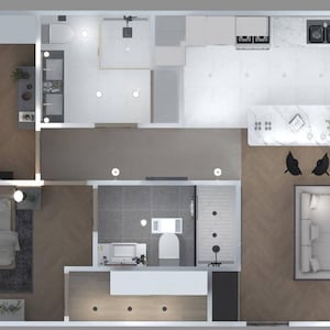 May include: A top-down view of a modern apartment floor plan featuring two bedrooms, a bathroom, a kitchen, and a living room. The apartment is decorated in a minimalist style with light colours and simple furniture.